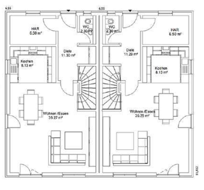 Erdgeschoss Grundriss eines Hauses mit zwei separaten Wohnungen und gemeinsamen Treppenbereich.