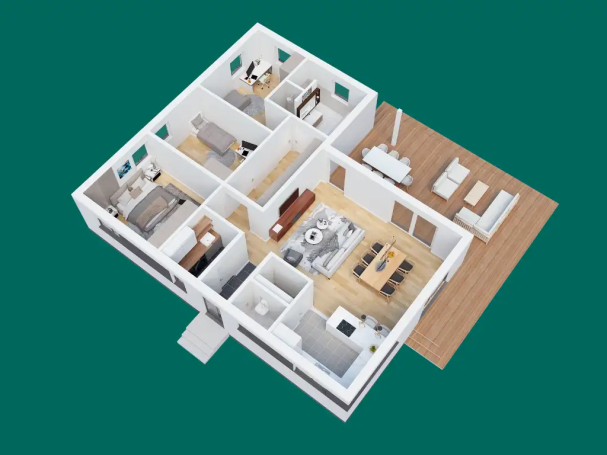 3D Grundriss einer Wohnung mit verschiedenen Räumen und Möbelanordnung.