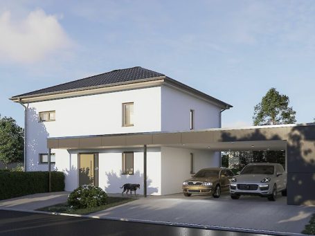 Modernes zweigeschossiges Haus mit Carport und angrenzendem Garten.