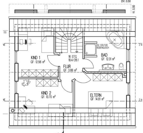 Grundriss einer Wohnung mit mehreren Zimmern, Küche, Bad und Flur.