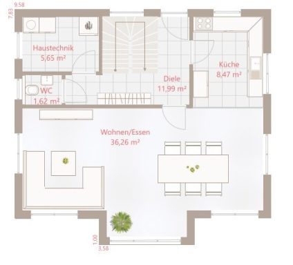 Grundriss einer Wohnung mit Wohnbereich, Küche, Essplatz und WC, beschriftet mit Flächen.