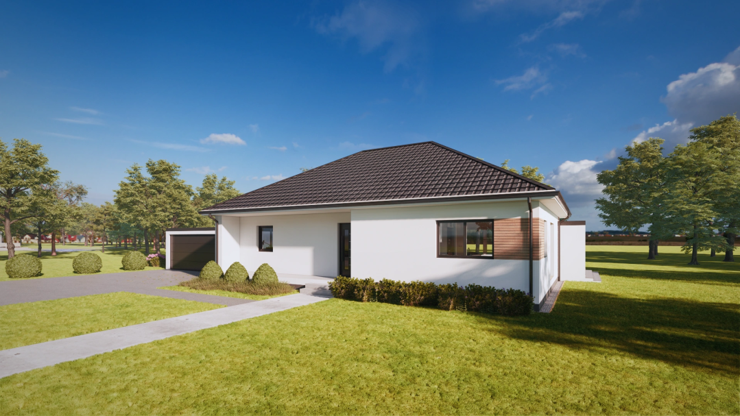 Ansicht Modernes Einfamilienhaus mit grünem Garten und klarem, blauen Himmel.
