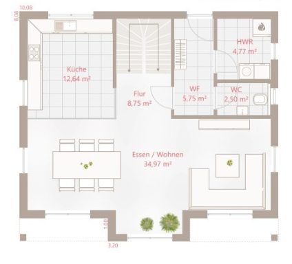 Grundriss eines Wohnraums mit Essbereich, Küche und Terrasse, Maße angegeben.