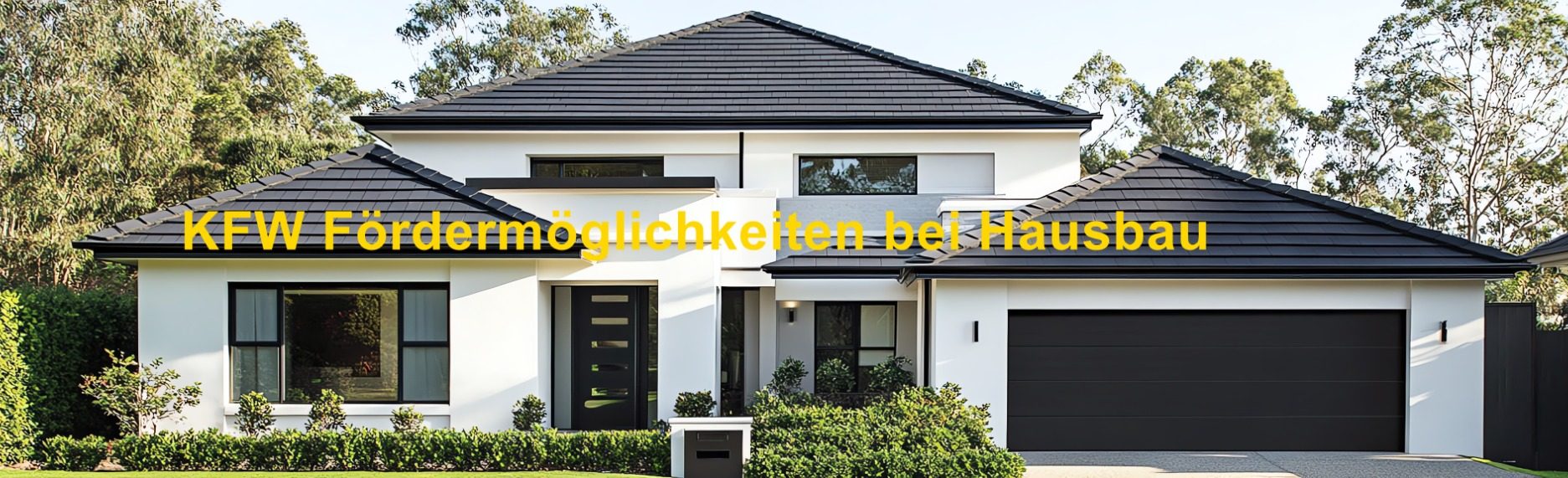 Zweistöckiges modernes Haus mit schwarzem Dach und hellen Wänden umgeben von Bäumen.