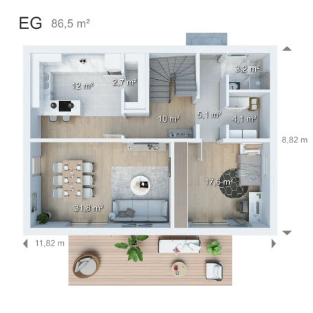 Grundriss einer Wohnung mit Wohnzimmer, Küche, Essbereich und Treppe.
