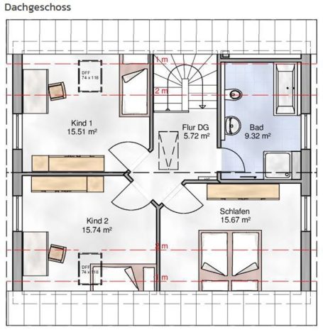 Grundriss eines Dachgeschosses mit zwei Schlafzimmern, Bad und Wohnraum.
