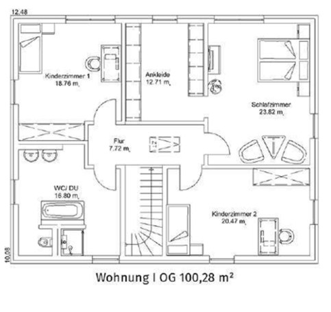 Grundriss einer Wohnung mit verschiedenen Räumen und Gesamtfläche von 100,38 m².