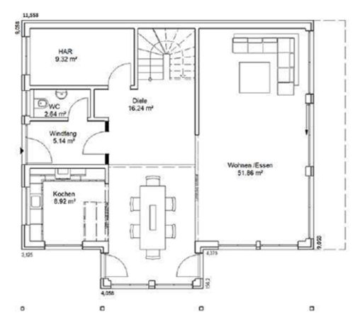 Grundriss eines Hauses mit Wohnbereich, Küche, Esszimmer und Treppe.