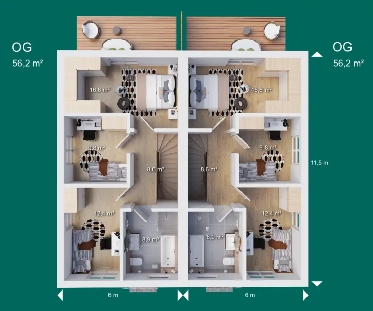 Obergeschoss Grundriss einer Wohnung mit zwei identischen Wohneinheiten und gemeinsamen Flur.