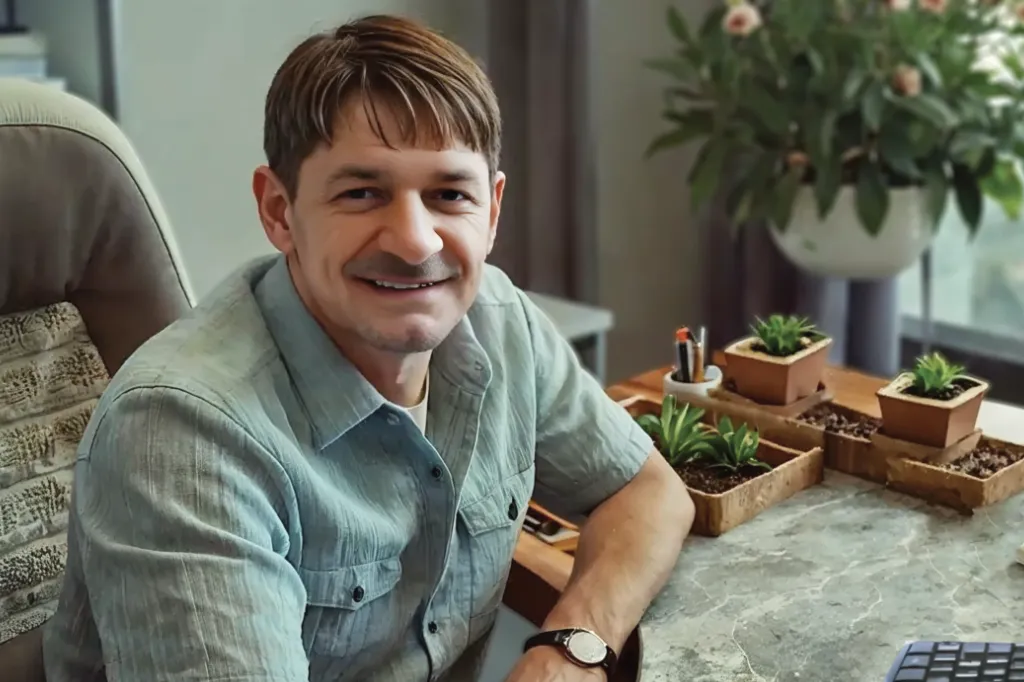 Raimund Fuchs Mann mit kurz geschnittenem Haar sitzt an einem Schreibtisch mit Pflanzen.