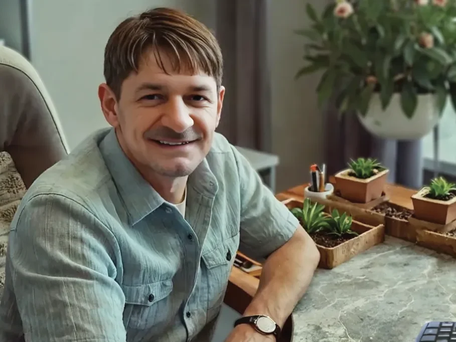 Lächelnder Mann sitzt an einem Tisch mit Pflanzen im Hintergrund.