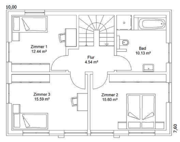 Grundriss eines Hauses mit vier Zimmern, Flur und Badebereich.