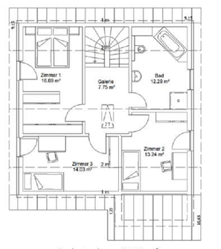 Grundriss eines Hauses mit zwei Schlafzimmern, einem Wohnbereich und einer Treppe.