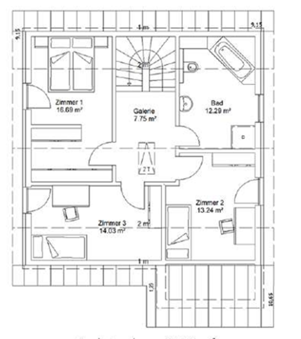 Dachgeschoss Grundriss eines Wohnhauses mit mehreren Zimmern, Treppe und einem Eingangsbereich.