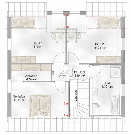 Grundriss eines Wohnhauses mit zwei Schlafzimmern, Bad und Wohnzimmer.
