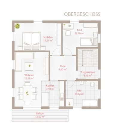 Grundriss eines Obergeschosses mit Schlafzimmer, Bad und Wohnbereich.