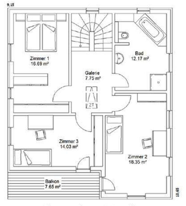 Obergeschoss Grundriss eines Hauses mit drei Zimmern, Bad, Flur und Balkon.