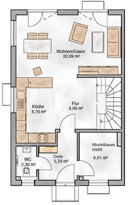 Grundriss eines kleinen Hauses mit Wohnzimmer, Küche, Flur, WC und Abstellraum.