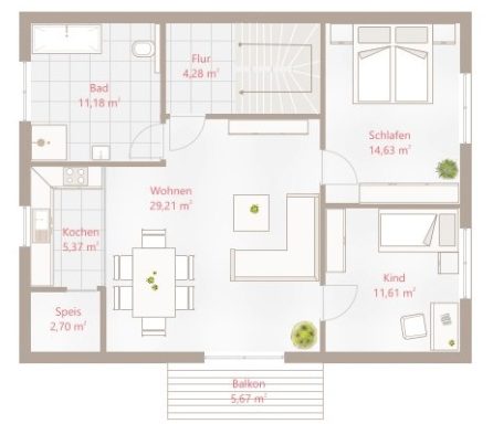 Grundriss eines Hauses mit Wohn-, Schlaf-, Ess- und Badezimmer. Fläche angegeben.