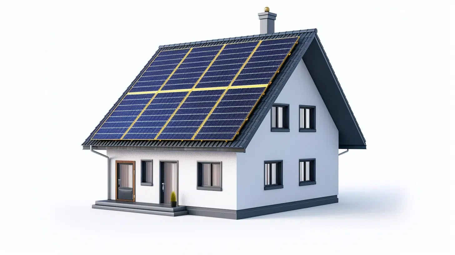 Haus mit Solarzellen auf dem Dach, moderner Stil und grauer Fassade.