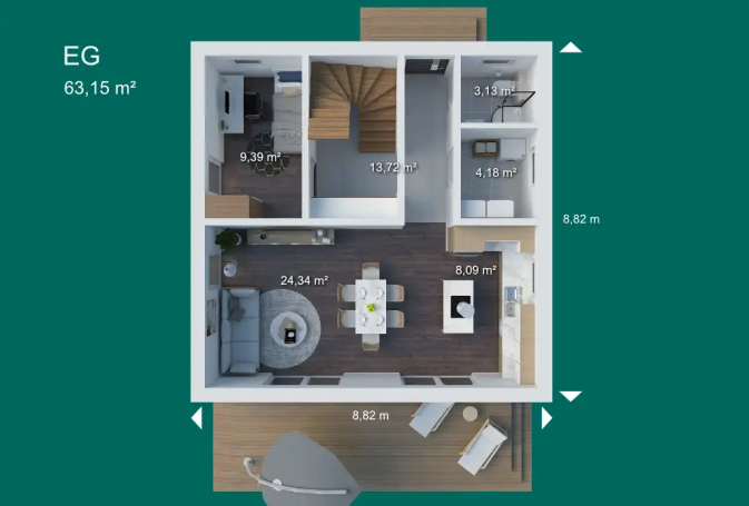 Grundriss eines Wohnraums mit Wohnzimmer, Küche, Bad und Treppe. Flächenangaben vorhanden.