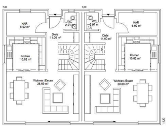 Grundriss eines Hauses mit zwei separaten Wohnungen, je mit Wohnzimmer, Küche und Badezimmer.