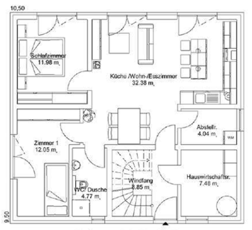 Grundriss eines Hauses mit Wohnzimmer, Küche, Esszimmer und Schlafzimmer.