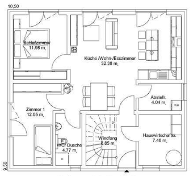Wohnung 1 Grundriss eines Hauses mit Wohnräumen, Küche, Bad und Treppenhaus.