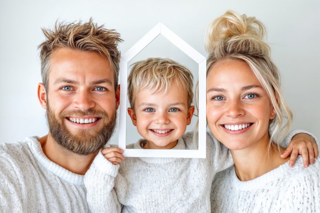 Familie posiert lächelnd, während das Kind einen Rahmen in Form eines Hauses hält.