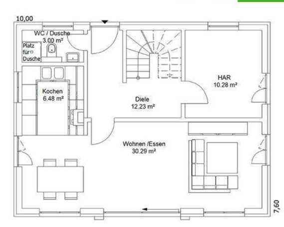 Grundriss eines Hauses mit Küche, Essbereich, Wohnzimmer und Treppe.
