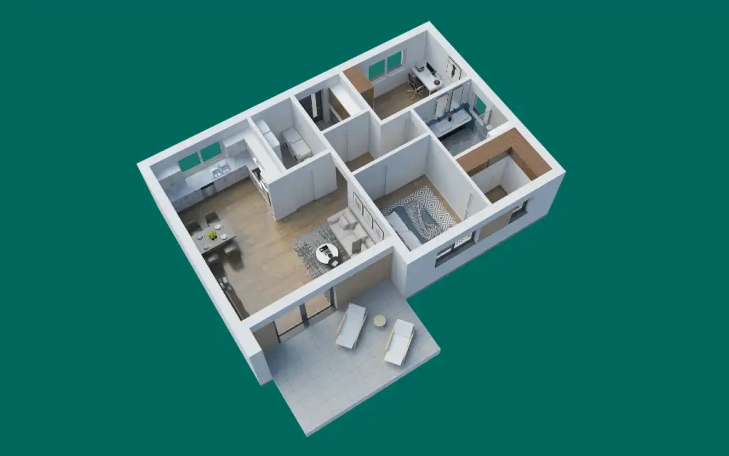3D Grundriss einer Wohnung mit mehreren Räumen und einem Außenbereich.