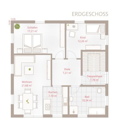Grundriss des Erdgeschosses mit Wohn- und Essbereich, Küche, Schlafzimmer und Bad.