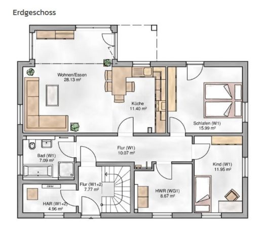 Grundriss eines Hauses mit Wohnbereich, Küche, Badezimmer und Schlafzimmern.