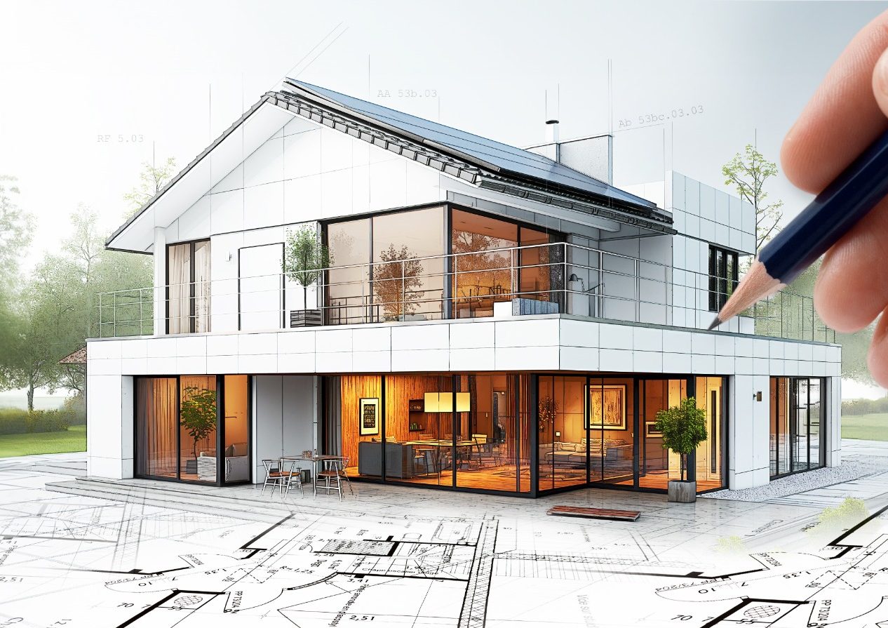 Moderne Architektur eines Hauses mit großen Fenstern und einem Balkon. Entwurfsskizze im Vordergrund.