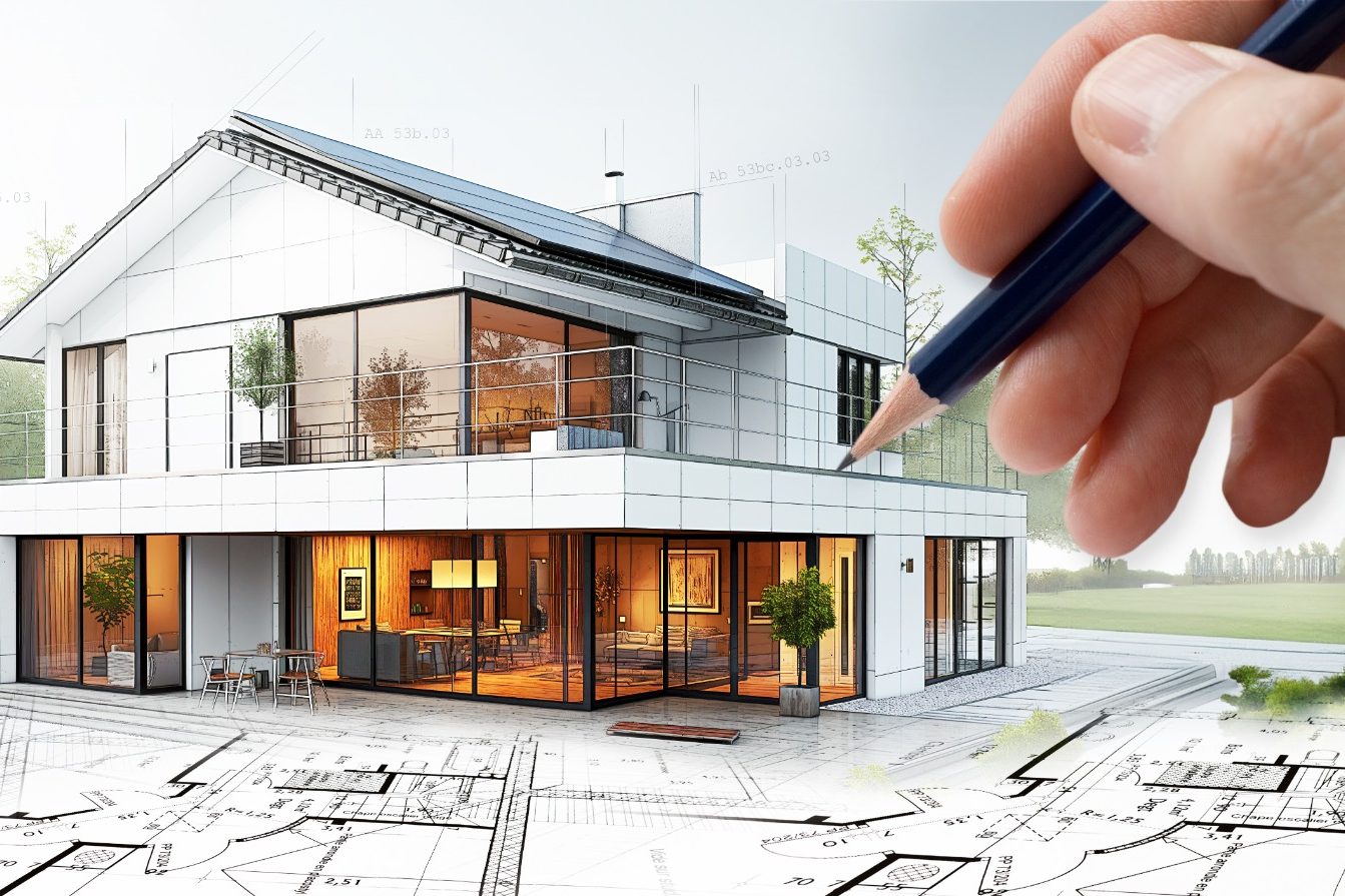 Skizze eines modernen Hauses mit Gartendetails und Hand, die einen Bleistift hält.