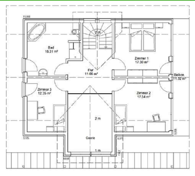 Dachgeschoss Grundriss eines Hauses mit Wohnzimmer, Küche, drei Schlafzimmern und Badezimmer.