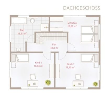 Grundriss eines Dachgeschosses mit zwei Schlafzimmern, Bad und offenem Bereich.