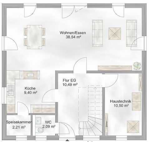 Grundriss einer Wohnung mit Wohn- und Essbereich, Küche, Flur, WC und Hauswirtschaftsraum.