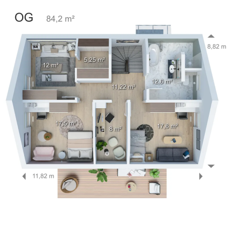 Grundriss einer Wohnung mit Zimmern, Küche und Bad, insgesamt 84,2 m².