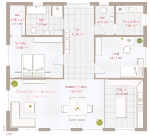 Grundriss einer Wohnung mit verschiedenen Räumen, Möbeln und Beschriftungen.