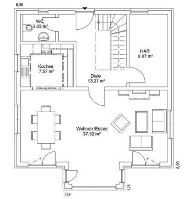 Erdgeschoss Grundriss eines Hauses mit Küche, Essbereich, Wohnzimmer und Treppe.