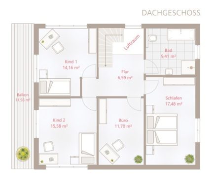 Grundriss für ein Dachgeschoss mit drei Zimmern, Küche und Badezimmer.