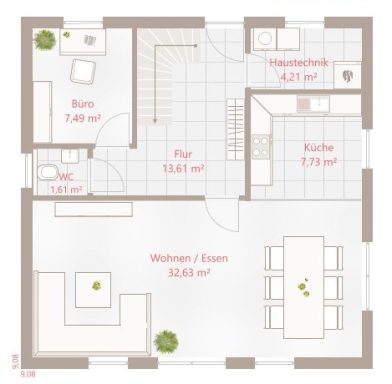 Grundriss einer Wohnung mit Wohn- und Essbereich, Küche, Bad und Abstellraum.