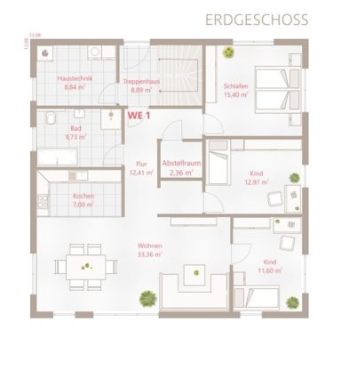 Grundriss des Erdgeschosses mit angezeigten Räumen und deren Größen.