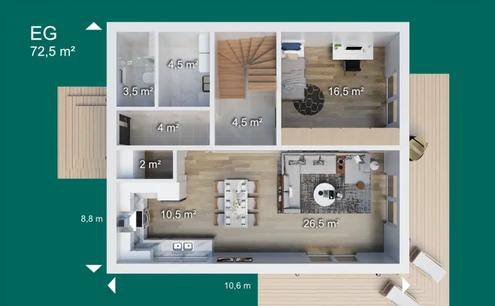 Erdgeschoss Grundriss einer Wohnung mit Küche, Wohnbereich, Schlafzimmer und Badezimmer, Gesamtfläche 73,5 m².
