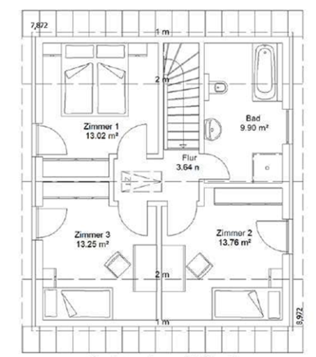 Grundriss eines Hauses mit fünf Räumen, Treppe und einem Badezimmer.