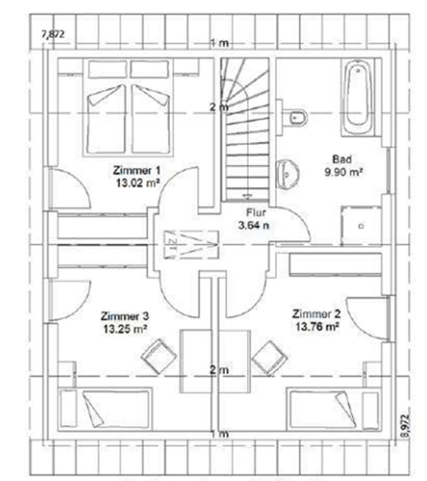 Dachgeschoss Grundriss eines Hauses mit zwei Schlafzimmern, Bad, Flur und Treppe.