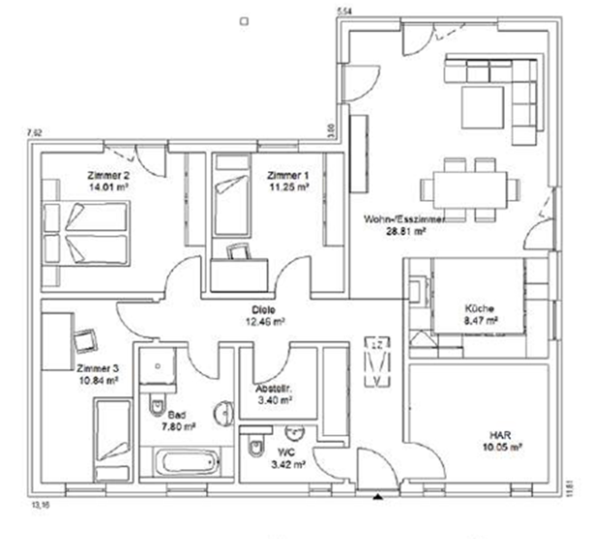 Ansicht Grundriss einer Wohnung mit drei Schlafzimmern, Wohnraum und Badezimmer.