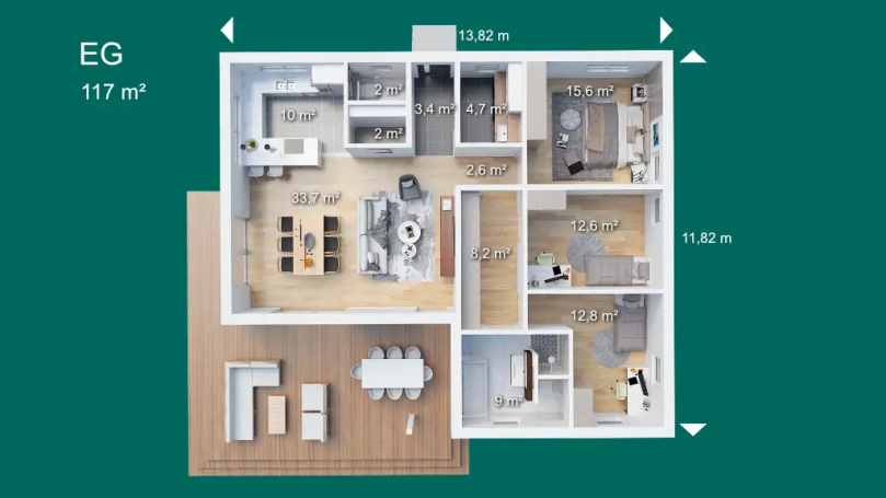 Grundriss einer Wohnung mit Wohnzimmer, Küche, Schlafzimmer und zwei Bädern.