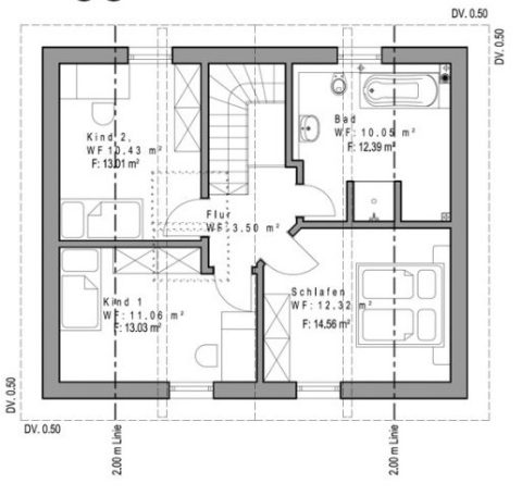 Grundriss eines Hauses mit vier Zimmern, Bad, Küche und Treppe.